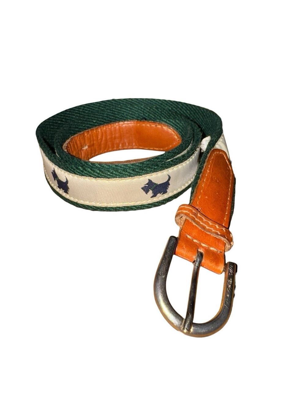 Vintage Woven Canvas Belt Leather Ends Green Scottie Dog Motif Preppy Equestrian